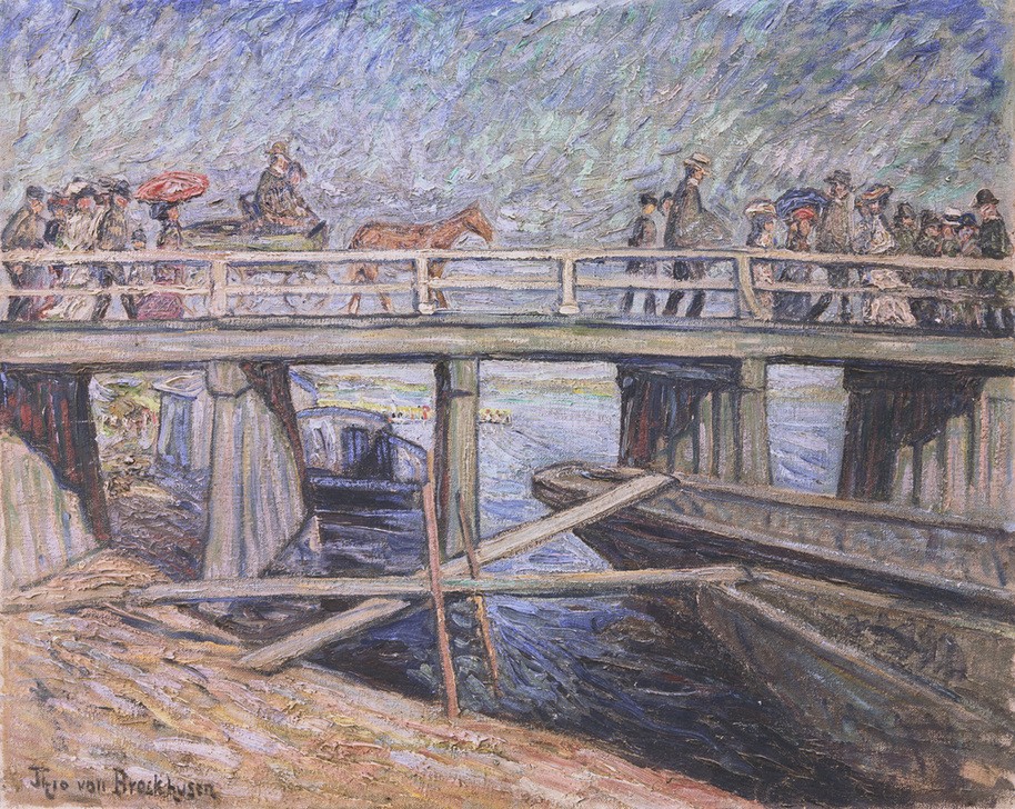 Theo von Brockhusen, Holzbrücke in Baumgartenbrück (Brücke,Deutsche Kunst,Geographie,Pferdewagen,Verkehr,Impressionismus,Holzbrücke,Fussgänger,Topographie)