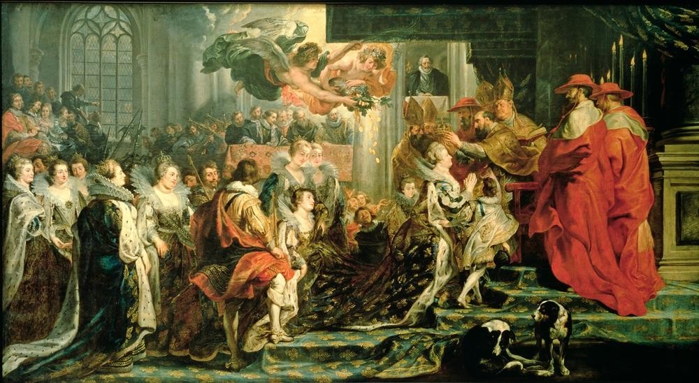 Peter Paul Rubens, Die Krönung der Maria von Medici in Saint-Denis am 13. Mai 1610 (Geistlicher,Engel,Flämische Kunst,Bischof,Geschichte,Königin,Krönung,Szene,Barock,Höfische Gesellschaft,Niederländische Kunst,Genius,Monarchie,Zeremonie,Kleidung (Allgemein),Person)