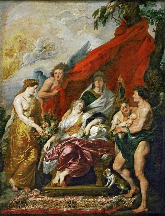 Peter Paul Rubens, Die Geburt Ludwigs XIII. in Fontainebleau am 27. September 1601 (Flämische Kunst,Geburt,Geschichte,Königin,König,Szene,Barock,Hund,Allegorie,Thronfolger,Niederländische Kunst,Fruchtbarkeit,Fortpflanzung,Kleidung (Allgemein),Tier,Sonnenwagen,Personifizierung,Person)