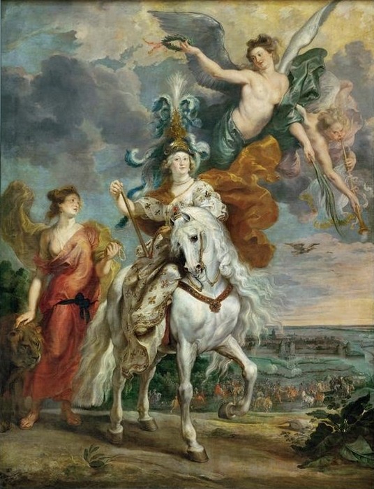 Peter Paul Rubens, Der Triumph von Jülich am 1. September 1610 (Flämische Kunst,Geschichte,Königin,Kopfbedeckung,Pferd (Tier),Szene,Reiter,Barock,Schlacht,Allegorie,Triumphzug,Triumph,Niederländische Kunst,Genius,Reiterin,Kleidung (Allgemein),Tier,Reiten,Jülich-Clevescher Erbfolgestreit,Person,Schimmel (Pferd),Damensi)