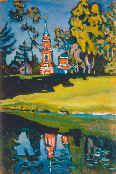 Wassily Kandinsky, Rote Kirche (Gewässer, See, Kirche, Landschaft, Spiegelung, Russische Kunst, Kirchturm, Expressionismus, Wohnzimmer, Treppenhaus, Wunschgröße, Klassische Moderne, bunt)