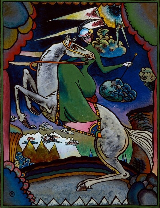 Wassily Kandinsky, Amazone in den Bergen (Amazone, Frau, Pferd, Freizeit, Reitkleidung, Russische Kunst, Reiterin, Ausritt Levade, Damensitz, Wohnzimmer, Treppenhaus, Wunschgröße, Klassische Moderne, bunt)