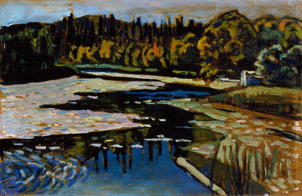 Wassily Kandinsky, Der Fluß im Herbst (Gewässer, Herbst, Jahreszeiten, Expressionismus, Blauer Reiter, Landschaft, Fluss, Russische Kunst, Wohnzimmer, Treppenhaus, Wunschgröße, Klassische Moderne, bunt)