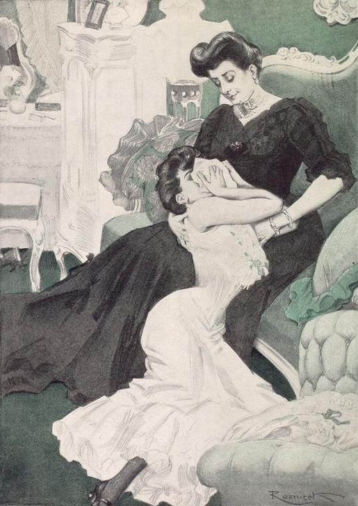 nach Ferdinand von Reznicek, Mütterlicher Rat. / Nur keine unglückliche Liebe, mein Kind (Deutsche Kunst,Frau,Jugendstil,Liebe Und Ehe,Mensch,Unter Vier Augen (Redewendung),Mutter Und Tochter,Weinen,Liebeskummer,Trost,Ironie,Belle Epoque,Frauenleben)