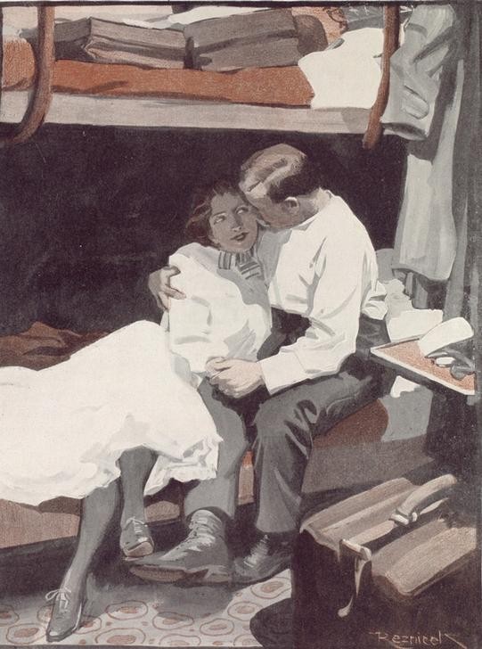 Ferdinand von Reznicek, Der Kaufmann. / Warum haben wir nicht im Frühjahr geheiratet, da wär die Hochzeitsreise viel hübscher gewesen. (…) (Deutsche Kunst,Ehepaar,Eisenbahn,Hochzeitsreise,Hochzeit,Liebe Und Ehe,Liebespaar,Mensch,Bahnreise,Reise,Schlafwagen,Belle Epoque,Eheleben)