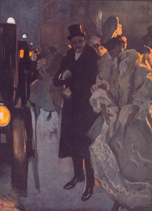 nach Ferdinand von Reznicek, Die lustige Ehefrau. / Bitte, keine Automobildroschke! Ich komm noch früh genug zu meinem Mann. (Automobil,Damenmode,Deutsche Kunst,Droschke,Gesellschaftliches Leben,Jugendstil,Mode,Nachtleben,Taxi,Verkehr,Ehebruch,Bürgertum,Gesellschaftskritik,Belle Epoque,Doppelmoral)