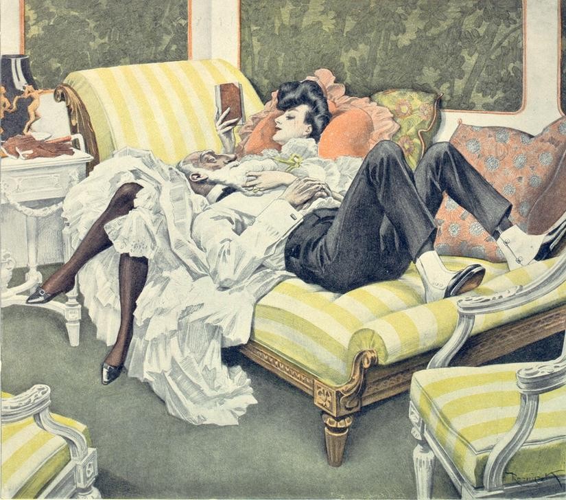 nach Ferdinand von Reznicek, Der reichste Fürst. / – – – – Ich mein Haupt kann kühlich legen / Jedem Untertan in Schoß (Buch,Deutsche Kunst,Jugendstil,Liebe Und Ehe,Ungleiches Paar,Unter Vier Augen (Redewendung),Lesen (Allgemein),Adel,Ironie,Belle Epoque,Vorleserin,Leserin,Maitresse,Verhältnis,Bart Kraulen,Kraulen)