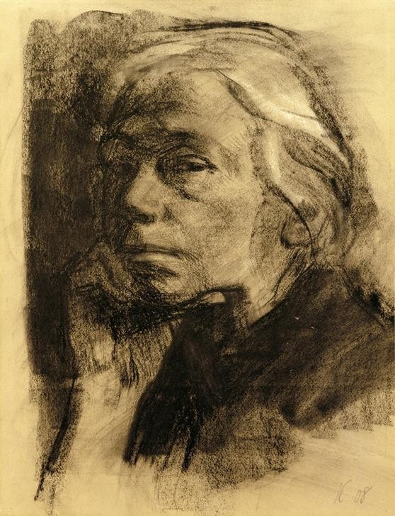 KÄthe Kollwitz, Selbstbildnis im Dreiviertelprofil nach links (Bildhauerin,Deutsche Kunst,Frau,Künstlerin,Selbstbildnis,Frauenkunst,Portrait,Kopf,Grafikerin,Person)