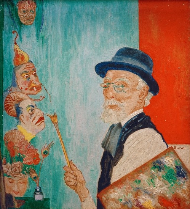 James Ensor, Mon portrait aux masques (Brille,Grafiker,Herrenhut,Herrenmode,Kopfbedeckung,Künstler,Kunst,Maler (Künstler),Mann,Mode,Alter,Bart,Hut,Selbstbildnis,Symbolismus,Künstler Bei Der Arbeit,Bild Im Bild,Radierer,Portrait,Palette,Pinsel,Belgische Kunst,Vollbart,Exotik,Japanmode,Kleidung)