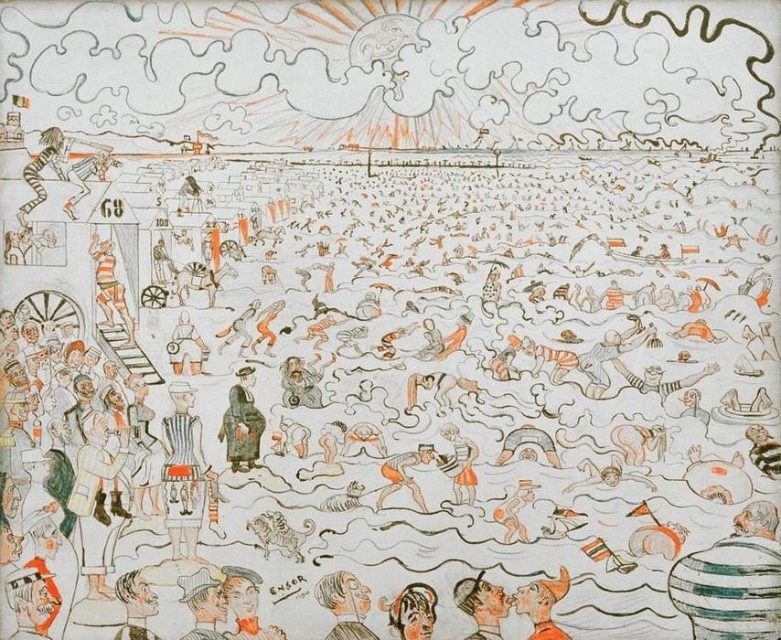 James Ensor, Les bains à Ostende (Karikatur,Kunst,Freizeit,Schwimmen,Seebad,Strand,Symbolismus,Reise,Badekarren,Belgische Kunst,Überfüllung,Zungenkuss)