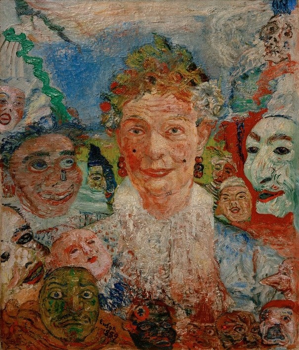 James Ensor, Vieulle famme aux masques (Frau,Kunst,Maskerade,Mensch,Symbolismus,Portrait,Phantastische Kunst,Belgische Kunst,Alte Frau,Brustbild,Maske (Gegenstand),Les Xx,Signatur)