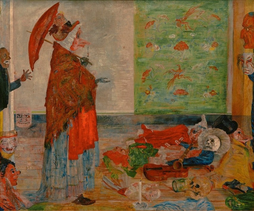 James Ensor, L’Etonnement du masque Wouse (Feste,Kalenderfeste,Kunst,Maskerade,Tod,Skelett,Symbolismus,Phantastische Kunst,Totenkopf,Belgische Kunst,Aschermittwoch,Karneval,Verkleidung)