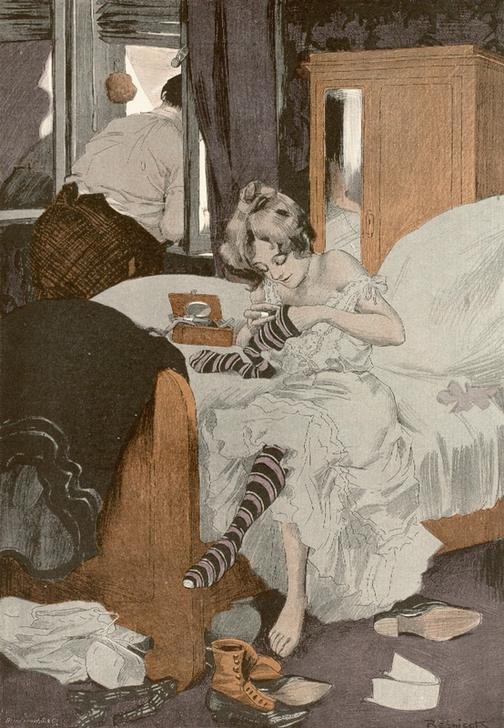 , Auf der Hochzeitsreise. / Komm, Rudi, nicht immer im Fenster liegen! – / Aber Maus, nur ein paar Minuten (…) (Damenmode,Deutsche Kunst,Ehepaar,Handarbeit,Hochzeitsreise,Hochzeit,Hotel (Allgemein),Jugendstil,Karikatur,Liebe Und Ehe,Mensch,Mode,Strumpf,Unordnung,Reise,Stopfen (Handarbeit),Junges Paar,Damenstrumpf,Jahrhundertwende,Eheleben,Hotelzimmer,Aus Dem Fenste)