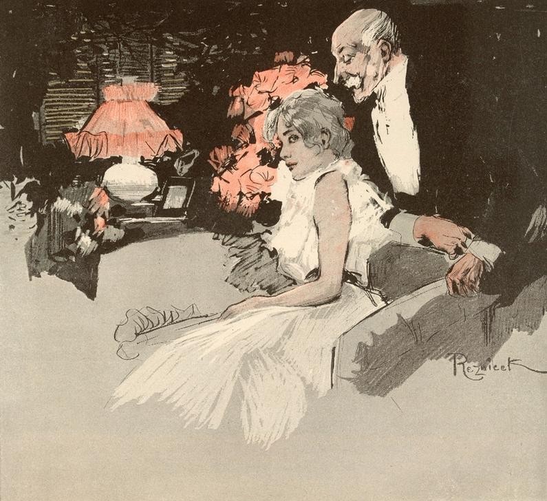 nach Ferdinand von Reznicek, Variola vaccina. / Fräulein Lilly, Sie haben entzückende ... (Deutsche Kunst,Flirt,Gesellschaftliches Leben,Gesellschaft,Jugendstil,Karikatur,Mode,Johannistrieb,Anmache,Kompliment,Alterserotik,Jahrhundertwende,Unterhaltung (Gespräch))