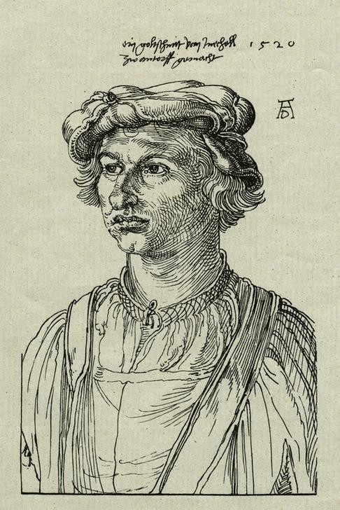 Albrecht Dürer, Ein Goldschmied aus Mecheln (Deutsche Kunst,Goldschmied,Handschrift,Künstler,Kunst,Mann,Mensch,Renaissance,Portrait,Kappe (Kopfbedeckung),Schreibschrift,Brustbild,Deutsche Schreibschrift,Junger Mann)