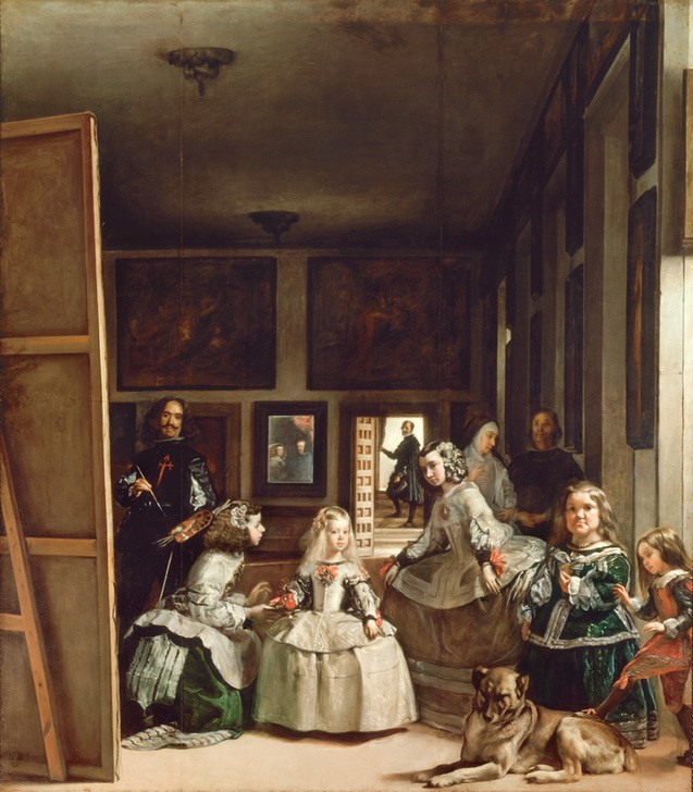 Diego Rodriguez de Silva y Velasquez, Las Meninas (Atelier,Damenmode,Geschichte,Gruppenbild,Hofdame,Kindermode,Kind,Künstler Und Modell,Künstlerleben,Künstler,Mädchen,Mode,Spiegel,Szene,Barock,Selbstbildnis,Künstler Bei Der Arbeit,Hund,Höfische Gesellschaft,Bild Im Bild,Portrait,Prinzessin,Seide,Künstler)