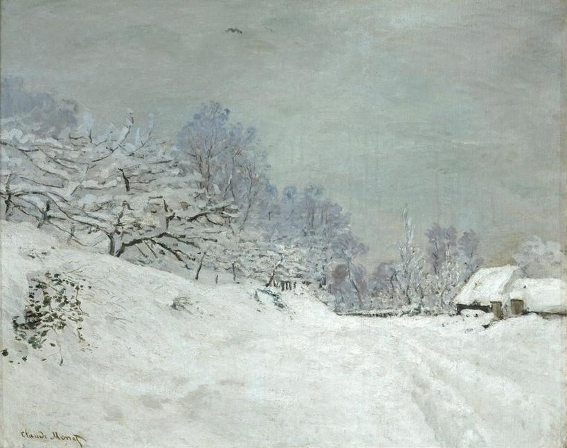 Claude Monet, Environs de Honfleur. Neige. (La Route devant la ferme Sain (Bauernhof,Jahreszeiten,Kunst,Landschaft,Wetter,Winter,Impressionismus,Schnee,Französische Kunst)