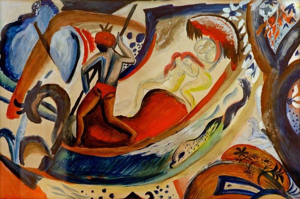 August Macke, Nackte Mädchen in der Barke (Bootspartie,Deutsche Kunst,Frau,Kunst,Akt,Expressionismus,Der Blaue Reiter,Exotik)