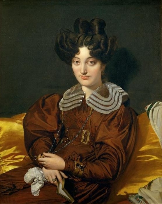 JEAN-AUGUSTE-DOMINIQUE INGRES, Madame Marcotte de Sainte-Marie (Buch,Damenmode,Frau,Mädchen,Mensch,Mode,Optik,Schmuck,Klassizismus,Biedermeier,Portrait,Halskette,Empire,Lorgnette,Taschentuch,Französische Kunst,Kleid,Kleidung (Allgemein),Haarknoten,Kopf,Leserin,Kragen,Sitzen,Locke,Kniestück,Sehhilfe,Sehschwäche,Frisur)