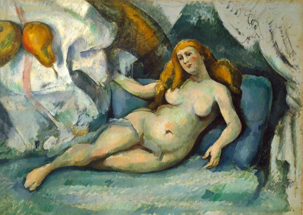 Paul Cézanne, Femme nue (Leda II?) (Frau,Früchte,Kunst,Mädchen,Mythologie,Impressionismus,Akt,Stillleben,Portrait,Französische Kunst,Birne,Kopf,Junge Frau,Liegen,Ganzfigurig,Griechisch-Römische Mythologie)