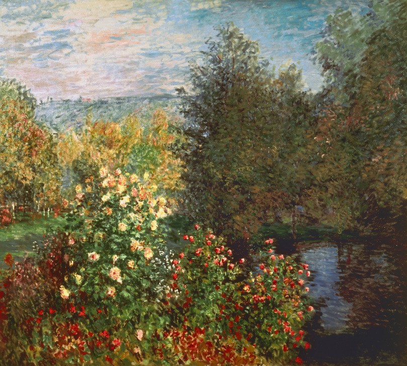 Claude Monet, Coin de jardin à Montgeron (Botanik,Gartenkunst,Garten Und Park,Gewässer,Kunst,Landschaft,Park,Rose,Schlosspark,Impressionismus,See,Französische Kunst,Gartenteich,Rosenstrauch)