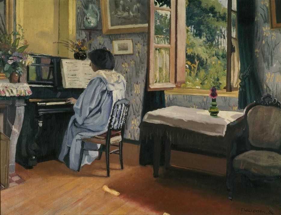 Felix Vallotton, Dame am Klavier (Damenmode,Fenster,Frau,Hausmusik,Musikzimmer,Musik,Pianistin,Wohnzimmer,Wohnung,Instrument,Hausmantel,Klavier,Interieur,Schweizerische Kunst,Hauskleid,Frauenleben,Nabis,Fenster (Geöffnet))