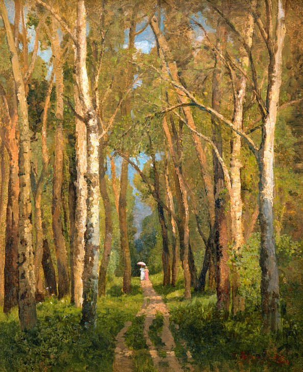 Tina Blau, Im Prater  (Landschaft, Landschaftsmalerei, Bäume, Wald, Waldweg, Spaziergänger, Natur, Idylle, Klassiker, Jugendstil, Wunschgröße, Wohnzimmer, bunt)