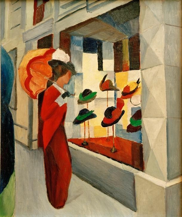 August Macke, Hutladen (Damenhut,Damenmode,Deutsche Kunst,Frau,Handel,Hutmacher,Kopfbedeckung,Kunst,Mädchen,Mensch,Mode,Freizeit,Schaufenster,Stadt,Strassenszene,Handel Und Gewerbe,Modistin,Hut,Expressionismus,Hutgeschäft,Der Blaue Reiter,Sonnenschirm,Einkauf,Kleidung (Allgemein)