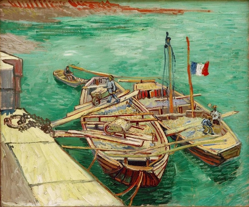Vincent van Gogh, Rhonebarken (Arbeiter,Arbeit,Boot,Flagge,Kunst,Landschaft,Mann,Mensch,Schiff,Transport,Impressionismus,Fluss,Lastkahn,Hafenarbeiter,Barke,Schubkarre,Sand,Niederländische Kunst,Holländische Kunst,Binnenschiffahrt,Trikolore,Entladen,Flusschiffahrt,Vor Anker,Quai,Postimp)