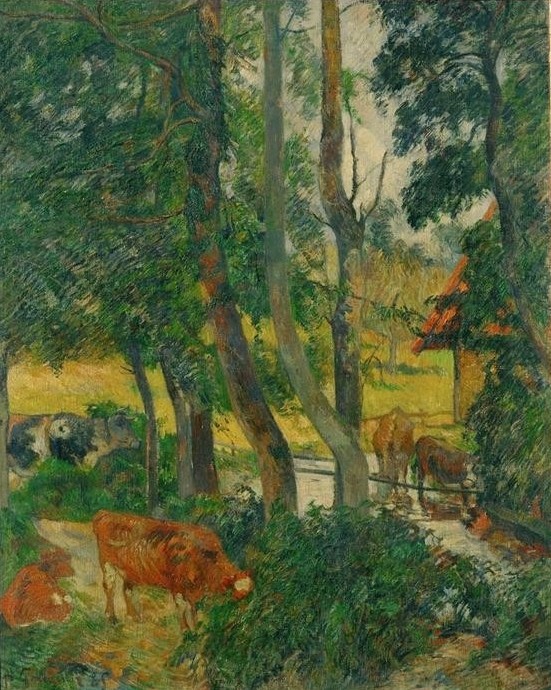 Paul Gauguin, Paysage de Normandie, coin de mare (Kunst,Landschaft,Rind,See,Baum,Tränke,Französische Kunst,Tier,Herde,Schule Von Pont-Aven,Viehzucht)
