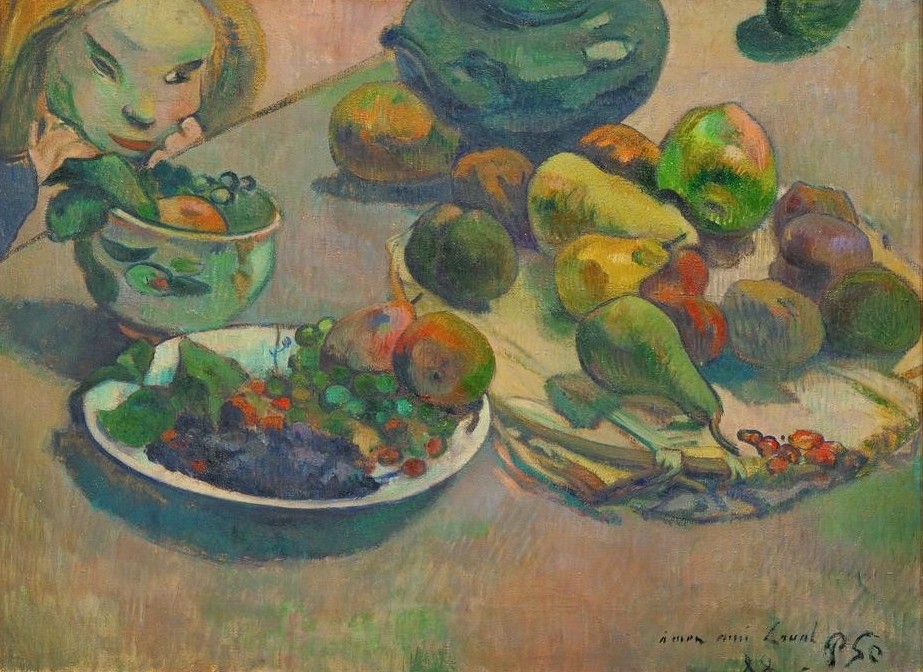 Paul Gauguin, Nature morte aux fruits (Früchte,Kind,Kunst,Mädchen,Obst,Nahrungsmittel,Stillleben,Portrait,Französische Kunst,Birne,Vielfrass,Weintraube,Kopf,Synthetismus,Schule Von Pont-Aven)