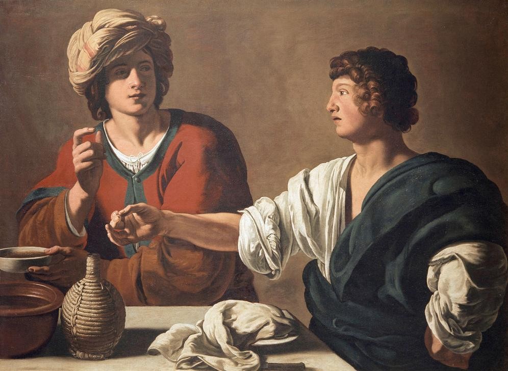 Caravaggio, Jakob und Esau (Brüder, junge Männer, Tisch, Mahlzeit, Dialog, Altes Testament, Bibel, Gestik,  Barock, Klassiker, Malerei, Wunschgröße, Wohnzimmer)