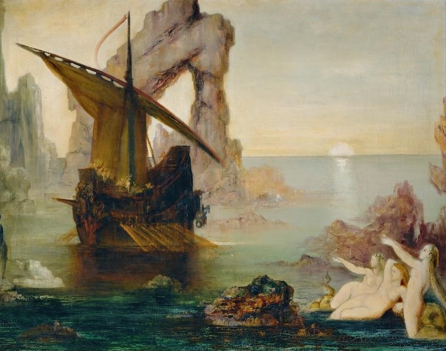 Gustave Moreau, Les Sirènes (Ulysse et les Sirènes) (Kunst,Literatur,Mädchen,Mythologie,Schiff,Segelschiff,Wasser,Tageszeiten,Abend,Meer,Nymphe,Segelboot,Symbolismus,Akt,Fabelwesen,Portrait,Verführung,Nixe,Französische Kunst,Meerjungfrau,Abenteuer,Dämmerung,Epos,Kopf,Sirene (Fabelwesen),Griechisch-Römische)