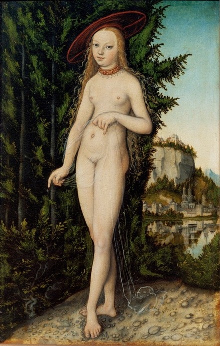 Lucas Cranach der Ältere, Venus in einer Landschaft (Damenhut,Deutsche Kunst,Erotik,Frau,Kunst,Mädchen,Mythologie,Schmuck,Hut,Renaissance,Akt,Portrait,Halskette,Im Freien (Allgemein),Göttin,Kleidung (Allgemein),Kopf,Griechisch-Römische Mythologie,Mütze)
