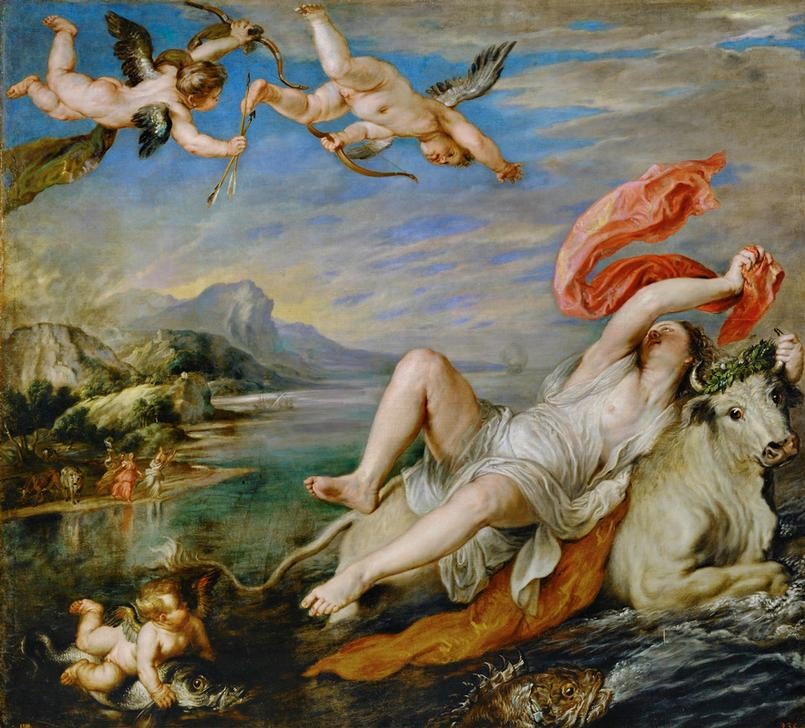 Peter Paul Rubens, Der Raub der Europa (Mädchen,Mythologie,Entführung,Barock,Akt,Putto,Metamorphose,Portrait,Frauenraub,Vergewaltigung,Götterliebschaften,Niederländische Kunst,Genius,Sexualität,Tier,Kopf,Stier (Tier),Griechisch-Römische Mythologie)