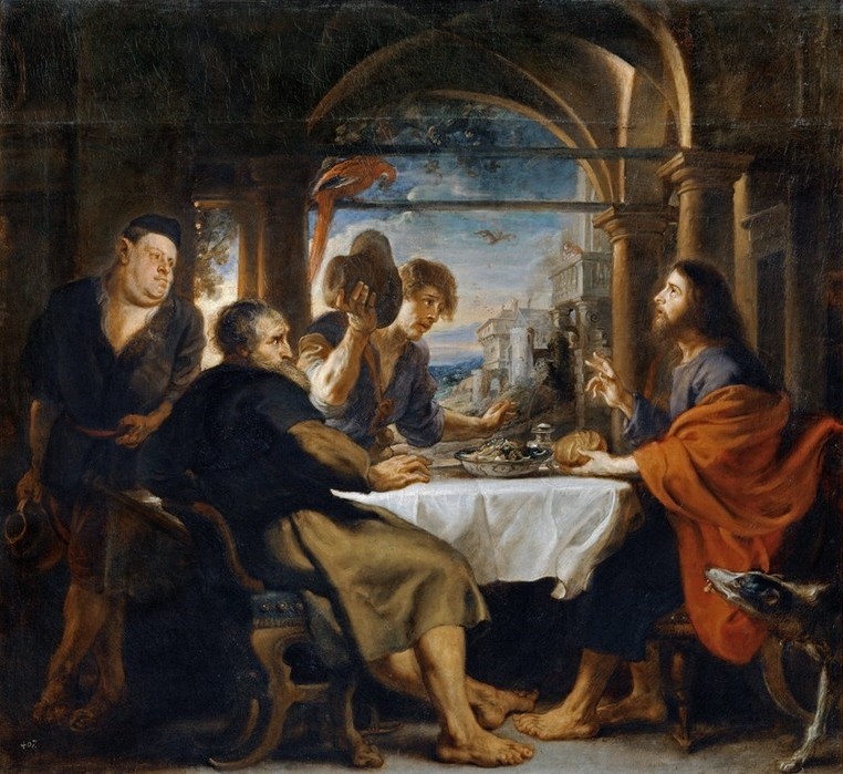 Peter Paul Rubens, Christus in Emmaus (Brot,Christentum,Essen Und Trinken,Flämische Kunst,Kunst,Papagei,Religion,Tafelsitten,Vogel,Barock,Hund,Segen,Neues Testament,Bibel,Apostel,Jünger,Tischgebet,Niederländische Kunst,Emmaus,Christus In Emmaus,Tier,Essen (Nahrung))