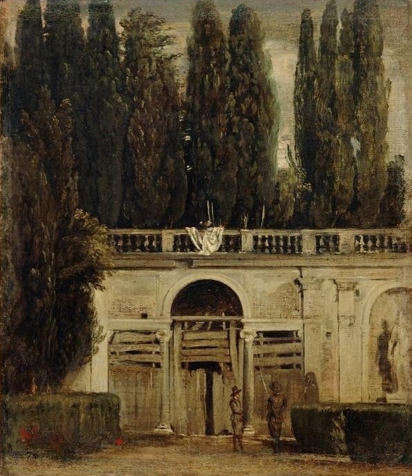 Diego Rodriguez de Silva y Velasquez, Garten der Villa Medici in Rom (Gartenkunst,Garten Und Park,Geographie,Landschaft,Ruine,Terrasse,Barock,Grotte,Spanische Kunst,Stadtansicht,Zypresse,Gartenarchitektur,Topographie,Garten)