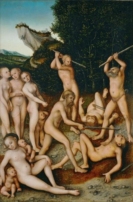 Lucas Cranach der Ältere, Das silberne Zeitalter (Deutsche Kunst,Frau,Kind,Krieg,Kunst,Mädchen,Mann,Mutter Und Kind,Mythologie,Vor- Und Frühgeschichte,Waffe,Renaissance,Schlacht,Akt,Portrait,Zeitalter,Kampf,Keule,Kopf,Silbernes Zeitalter,Kampf Aller Gegen Alle,Griechisch-Römische Mythologie,Knüppel)
