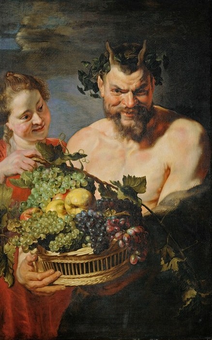 Peter Paul Rubens, Satyr und Mädchen mit Früchtekorb (Flämische Kunst,Früchte,Kunst,Mädchen,Mann,Mythologie,Obst,Barock,Satyr,Pfirsich,Niederländische Kunst,Weintraube,Obstkorb,Griechisch-Römische Mythologie)