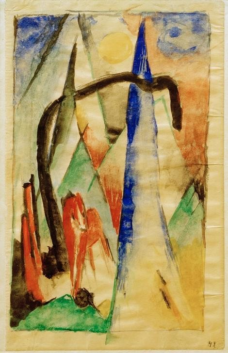 Franz Marc, Pferd in Landschaft mit spitzen Formen (Deutsche Kunst,Landschaft,Pferd (Tier),Zoologie,Expressionismus,Der Blaue Reiter)
