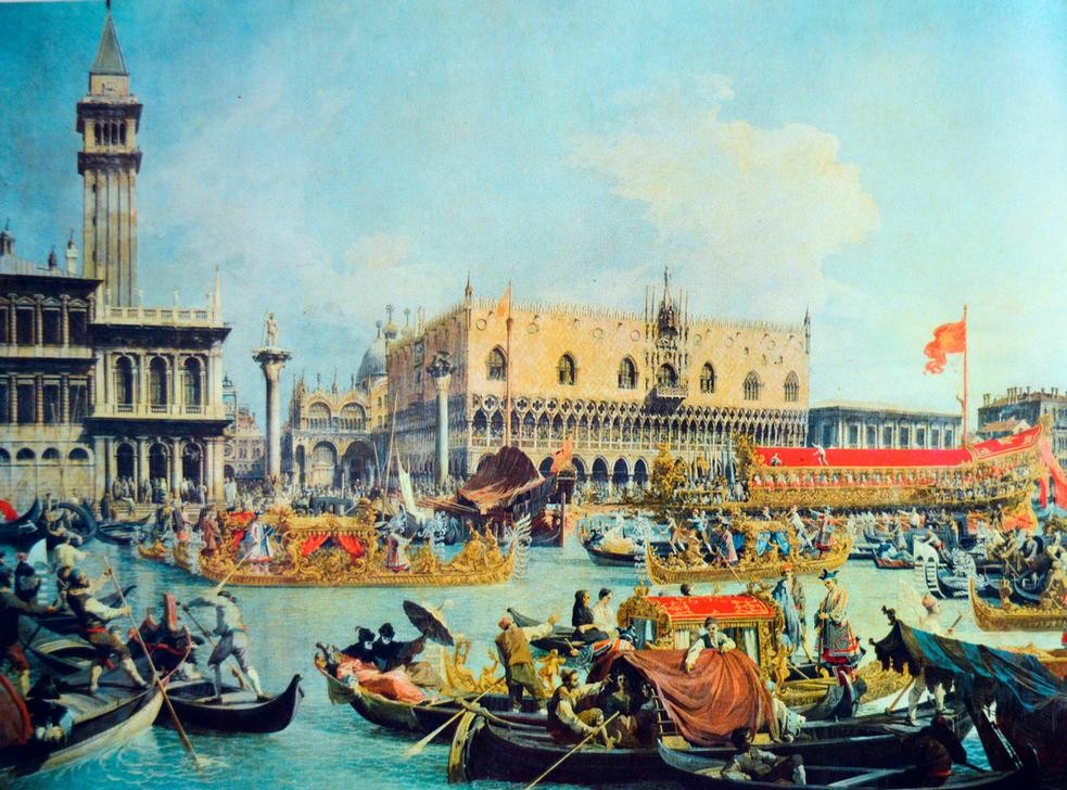 Giovanni Antonio Canaletto, Ascension Day at Venice, and detail of a boat (Städte, Venedig, Vedute, Architektur, Campanile, Lagune, Gondeln, Dogenpalast, Goldene Barke, Staatsschiff, Bucintoro, Doge, Barock, Klassiker, Wunschgröße, Wohnzimmer)