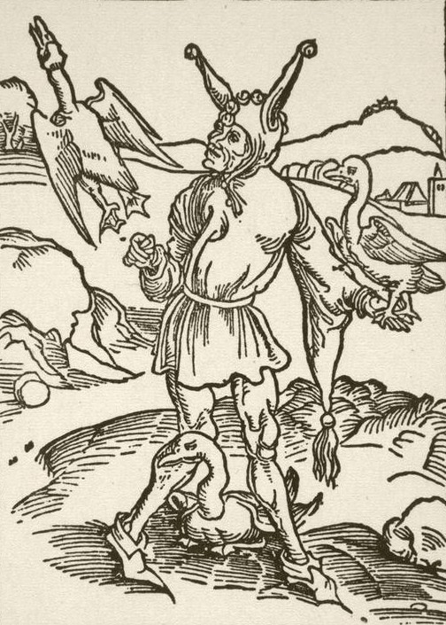 Albrecht Dürer, Der Gänsenarr (Deutsche Kunst,Satire,Karikatur,Literatur,Mann,Narr,Gotik,Humanismus,Gans (Zoologie),Geflügel,Tierliebe,Illustration,Narrenkappe,Buchillustration,Person,Frührenaissance,Mensch Und Tier,Morallehre)