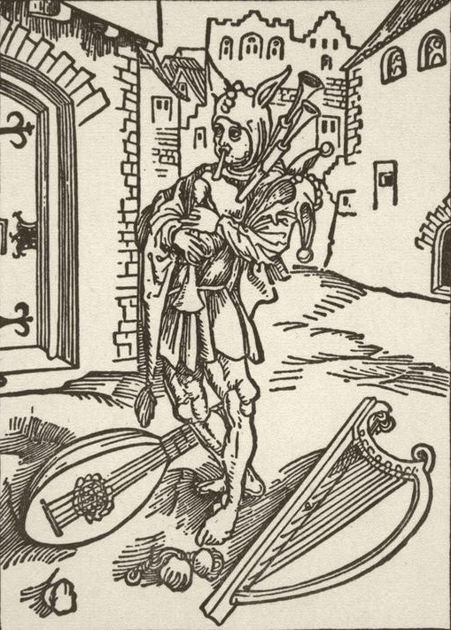 Albrecht Dürer, Der Musiknarr (Deutsche Kunst,Dudelsack,Harfe,Satire,Karikatur,Laute,Literatur,Mann,Musiker,Musik,Narr,Instrument,Gotik,Strassenmusikant,Portrait,Humanismus,Strassenmusik,Narrenkappe,Buchillustration,Musikant,Dudelsackspieler,Person,Frührenaissance,Morallehre)