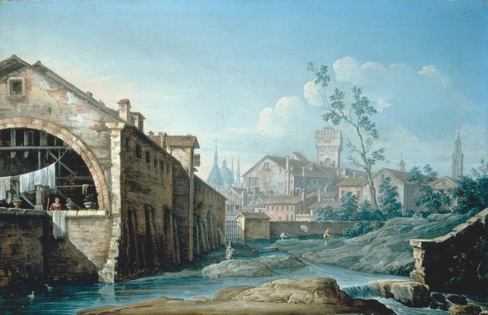 Bernardo Bellotto, Phantasievedute mit Motiven aus Padua (Capriccio, Fluss, Bacchiglione, Italien, Gebäude,  historisch, Malerei, Rokoko, Wohnzimmer, Wunschgröße, Klassiker, bunt)