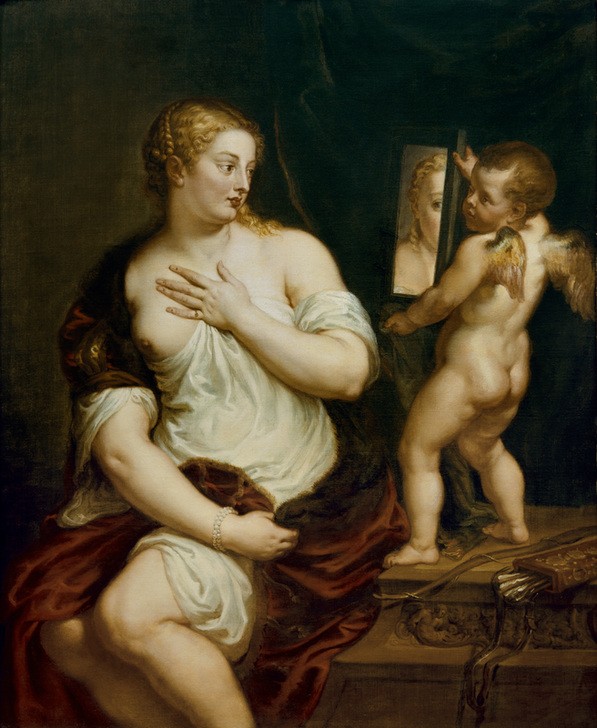 Peter Paul Rubens, Toilette der Venus (Körperpflege,Flämische Kunst,Frau,Kunst,Mantel,Mythologie,Spiegel,Toilette (Körperpflege),Renaissance,Akt,Kopie,Köcher,Niederländische Kunst,Eitelkeit,Spiegelbild,Halbakt,Pelzbesatz,Faltenwurf,Bogen (Waffe),Griechisch-Römische Mythologie)