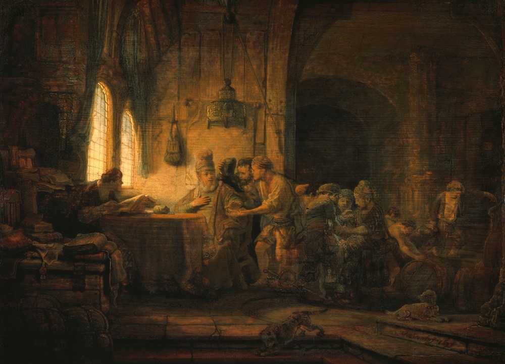 Rembrandt Harmenszoon van Rijn, Das Gleichnis von den Arbeitern im Weinberg (Arbeiter,Buchhalter,Chef,Christentum,Kunst,Religion,Barock,Neues Testament,Bibel,Lohn,Gleichnis,Interieur,Tagelöhner,Niederländische Kunst,Buchhaltung,Arbeiter Im Weinberg,Holländische Kunst,Barauszahlung,Matthäusevangelium,Kaufmann,Kontor)