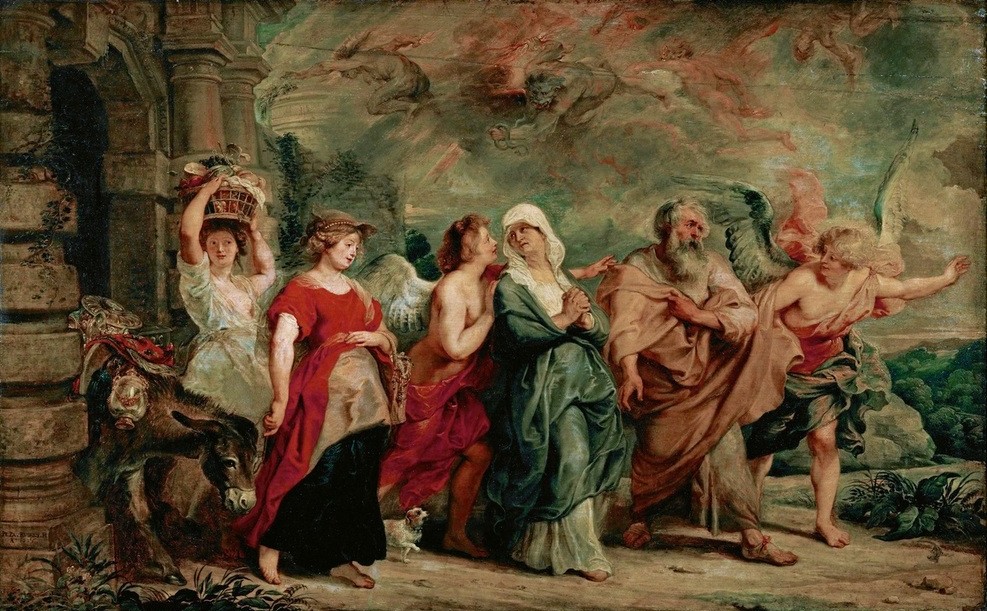 Peter Paul Rubens, Die Flucht Lots und seiner Familie aus Sodom (Engel,Familie,Flämische Kunst,Kunst,Flüchtling,Barock,Hund,Altes Testament,Flucht,Bibel,Sodom Und Gomorrha,Niederländische Kunst,Lot Und Seine Töchter,Lots Frau,Tier)
