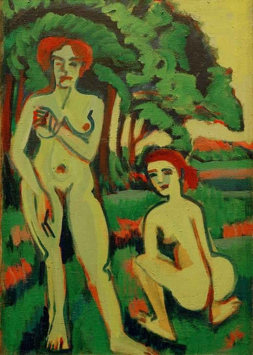 Ernst Ludwig Kirchner, Zwei grüne Mädchenakte mit rotem Haar (Deutsche Kunst,Frau,Akt,Expressionismus,Die Brücke,Im Freien (Allgemein),Hocken)