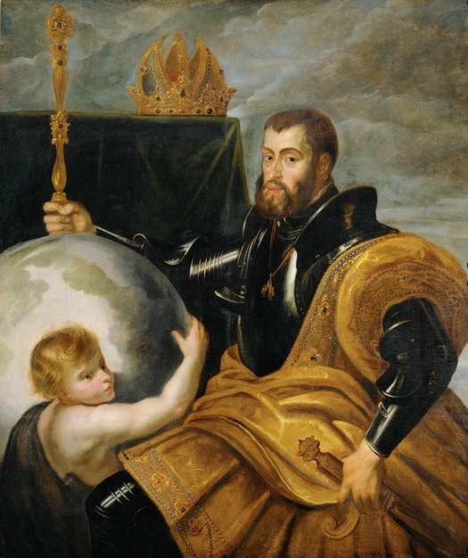 Peter Paul Rubens, Allegorie auf Kaiser Karl V. als Weltherrscher (Geschichte,Goldenes Vlies,Himmelsglobus,Insignien,Kaiser,Mythologie,Rüstung (Schutzkleidung),Schwert,Bart,Barock,Renaissance,Allegorie,Putto,Portrait,Zepter,Habsburger,Bilderrahmen,Niederländische Kunst,Genius,Ruhm,Vollbart,Weltherrschaft,Ordenskette,Blic)