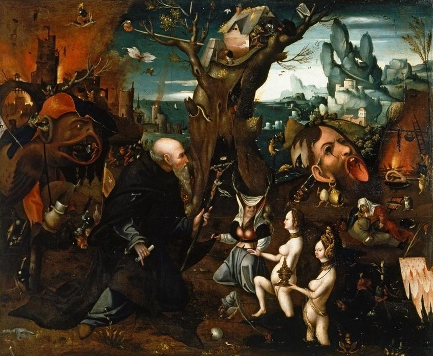 Hieronymus Bosch, Die Versuchung des Heiligen Antonius (Christentum,Erotik,Heilige,Religion,Dämon,Prostituierte,Verführung,Eremit,Heiligenlegende,Versuchung,Phantastische Kunst,Baumhaus,Niederländische Kunst,Kupplerin,Phantasie)